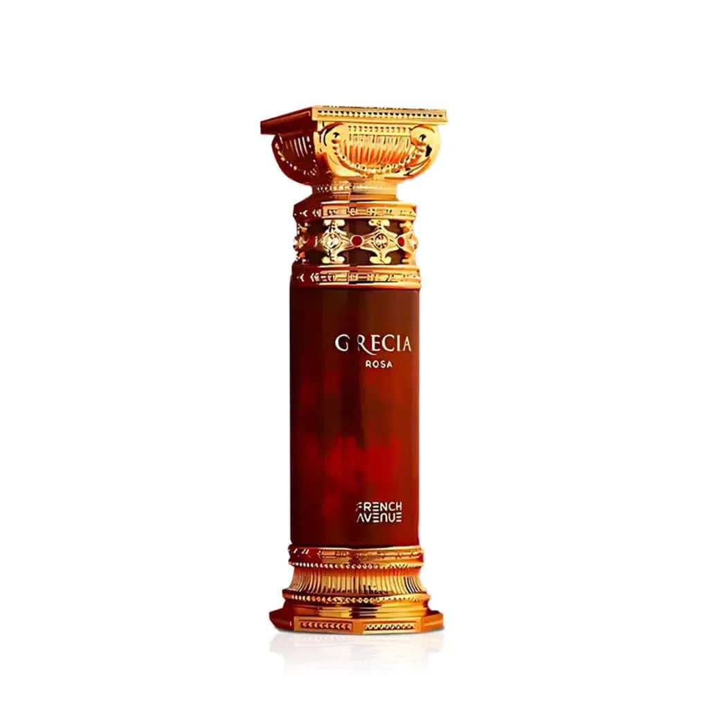 Luxusparfum-Flakon in Form einer gold-verzierten Säule mit Aufschrift GRECIAROSA.