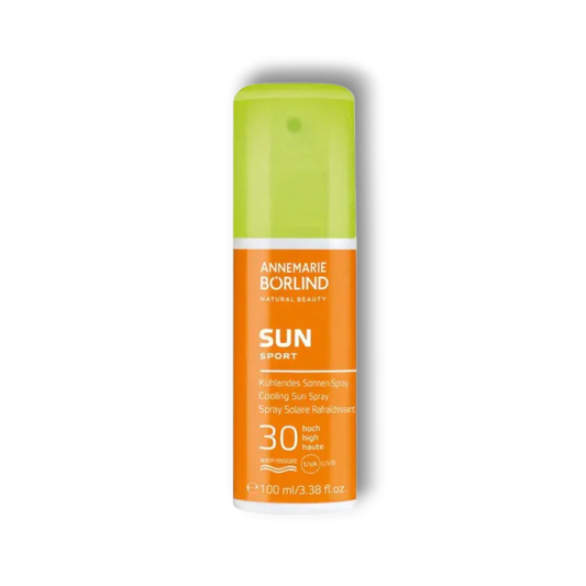 Kühlendes Sonnenspray mit LSF 30 in orangener Sprühflasche, 100 ml, für Sonnenschutz