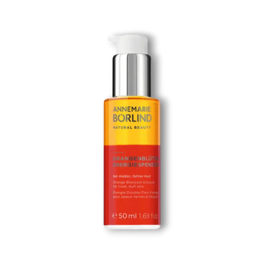 Annemarie Börlind Orangenblüten Energiegeschenk Serum 50ml mit Pumpspender auf schwarzem Hintergrund