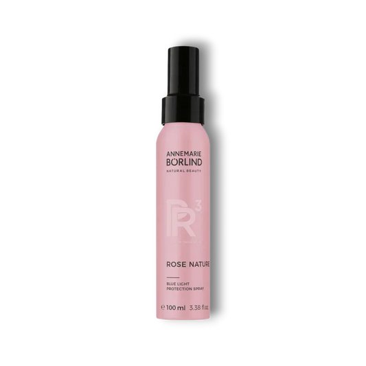 Rosa Flasche Annemarie Börlind Rose Nature Blue Light Protection Spray 100ml auf schwarzem Hintergrund