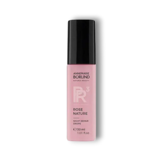 Rosa Annemarie Börlind Rose Nature Night Repair Drops Flasche, 30 ml, auf schwarzem Hintergrund