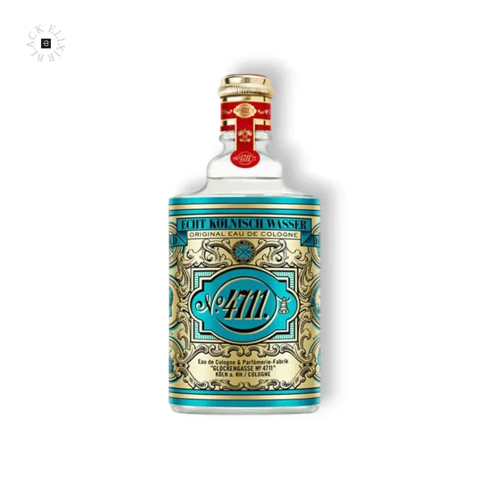 Flasche 4711 Echt Kölnisch Wasser Eau de Cologne mit gold-blauem Etikett auf weißem Hintergrund