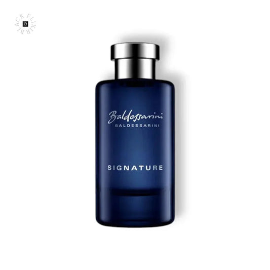 Blauer Flakon eines Herrenparfums mit silbernem Verschluss und Aufschrift "Signature".