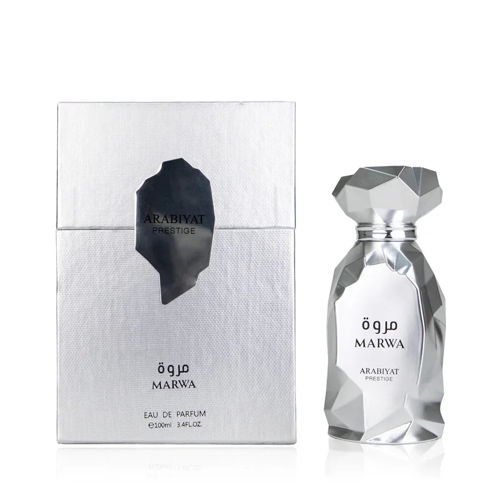 Luxusparfum Arabiyat Prestige Marwa in silberner Geschenkbox und eleganter Flakon