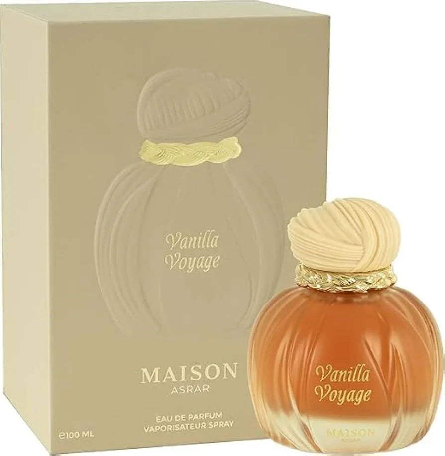 Maison Asrar Vanilla Voyage Eau de Parfum im eleganten Flakon vor passender Verpackung