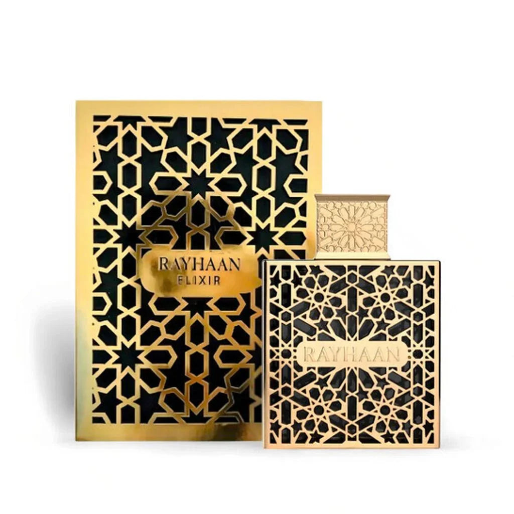 Luxusparfum Rayhaan Elixir im gold-schwarzen Flakon mit orientalischem Muster, edle Verpackung
