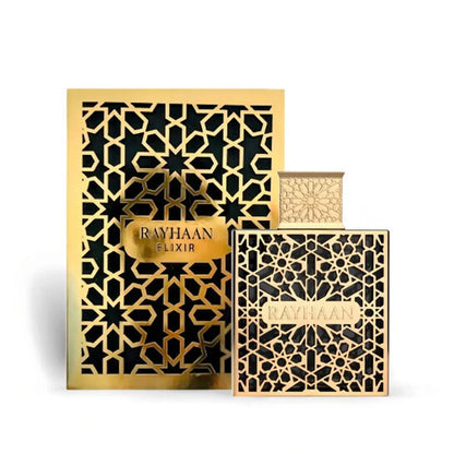 Luxusparfum Rayhaan Elixir im gold-schwarzen Flakon mit orientalischem Muster, edle Verpackung