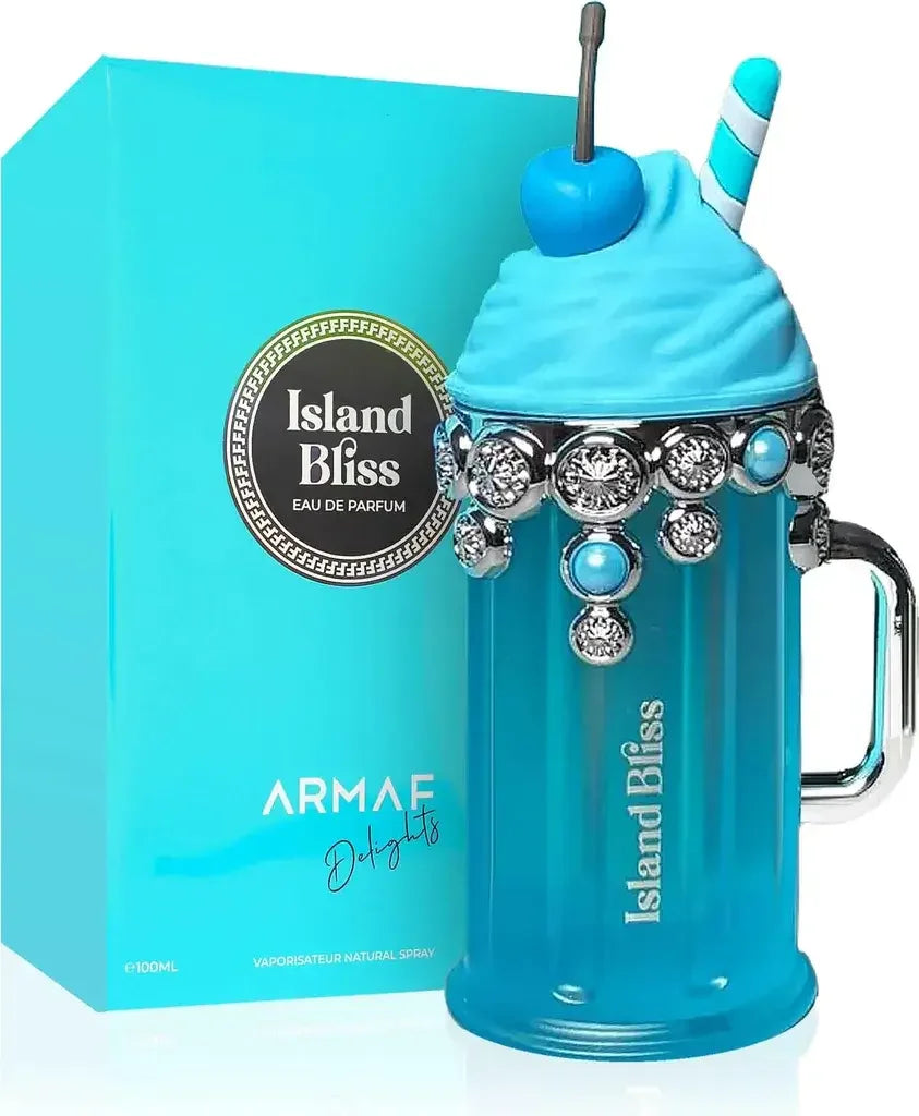 Island Bliss Eau de Parfum Flakon in Blau mit Schmuckelementen und Geschenkbox, luxuriöses Parfum