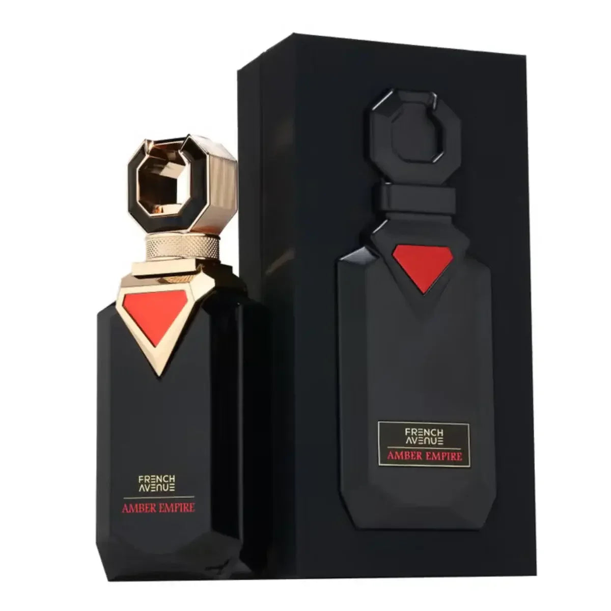 Luxusparfum Flakon und Verpackung in Schwarz mit Gold- und Rotelementen, modern gestaltet