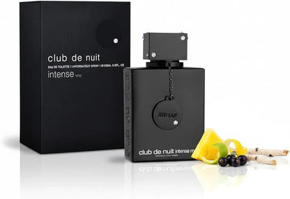 Schwarzer Flakon Club de Nuit Intense Man Eau de Toilette mit Verpackung, Zitrusfrüchten und schwarzen Johannisbeeren, Herrenduft.