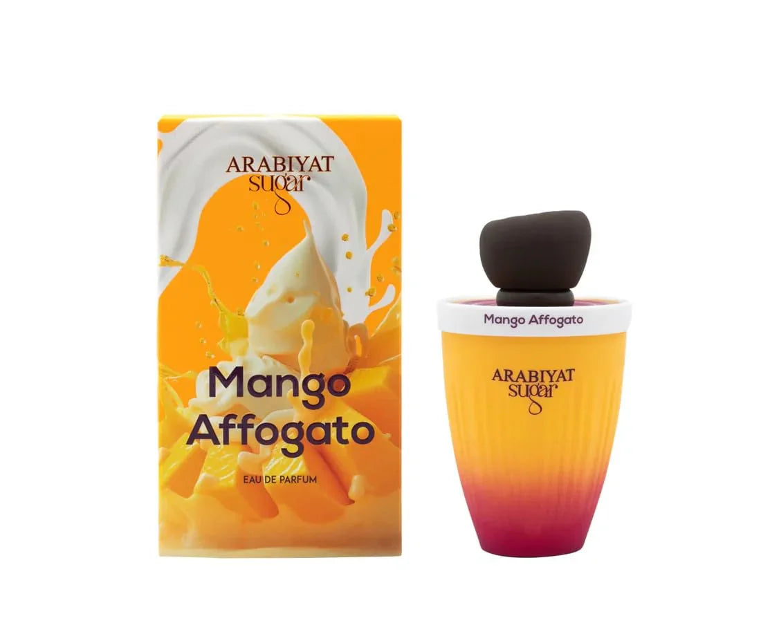 Mango Affogato Parfum für Damen, Herren und Unisex, buntes Flakon neben Verpackung