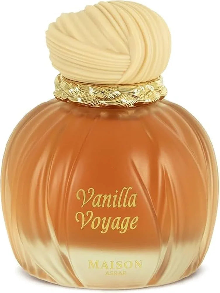 Luxuriöses Parfumflakon Vanilla Voyage mit goldener Verzierung und cremefarbenem Deckel