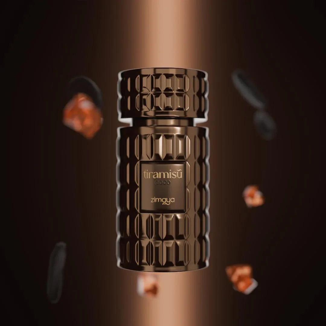 Luxuriöses Parfumflakon in Braun mit geometrischem Muster, schwebend auf dunklem Hintergrund