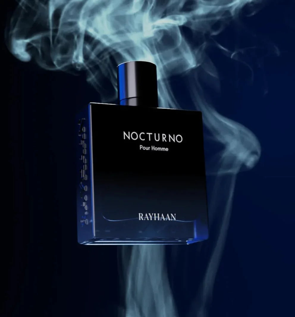 Luxuriöses Herrenparfum NOCTURNO Pour Homme von Rayhaan mit dunklem Flakon und Rauch