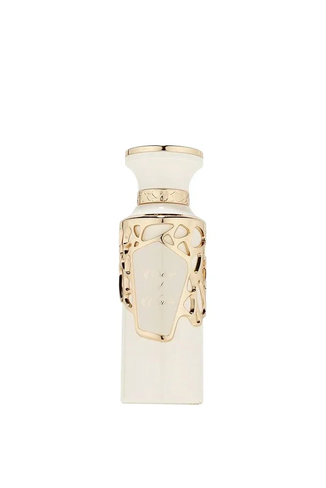 Luxusparfumflakon in Creme mit goldenen Verzierungen, exklusives Damen- oder Unisex-Parfum