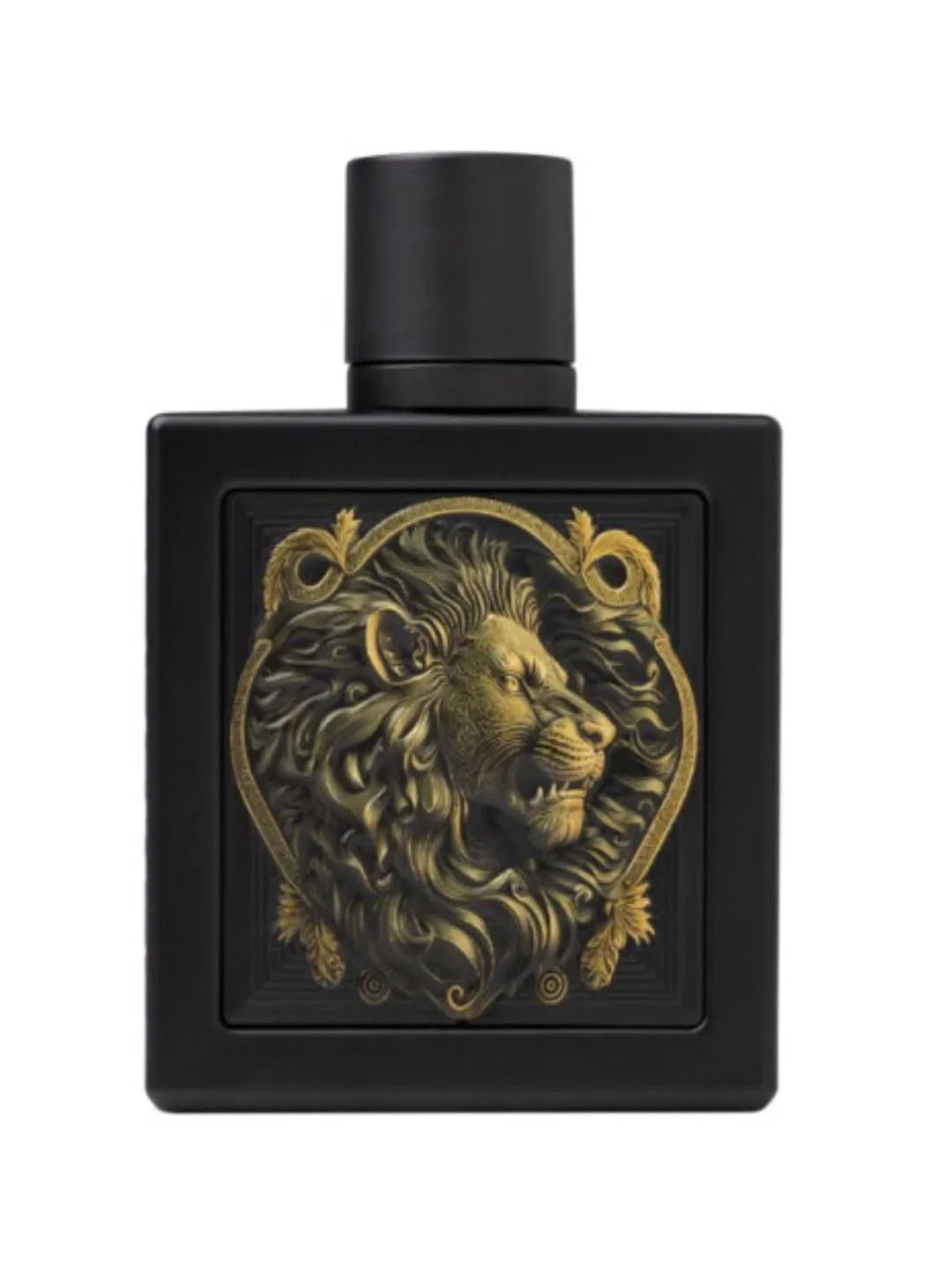 Luxus Parfumflakon in Schwarz mit goldener Löwenkopf-Verzierung, exklusives Design