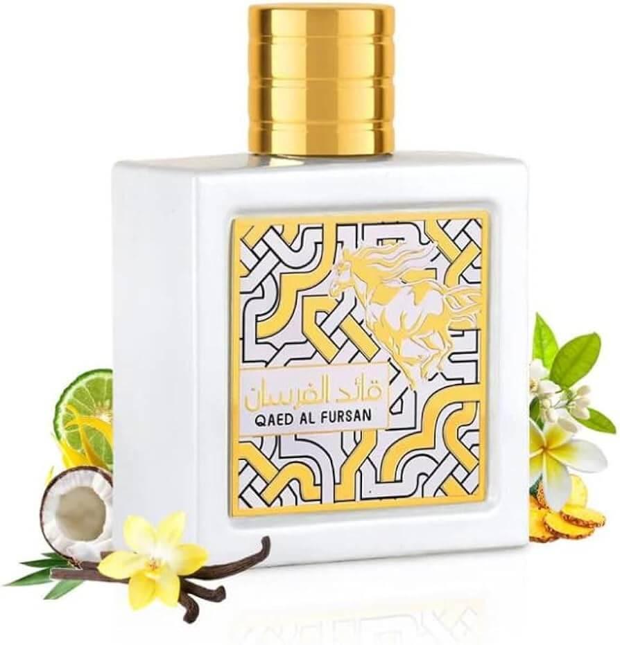 Luxusparfumflakon Qaed Al Fursan mit goldener Kappe, Zitrusfrüchten, Kokosnuss und Blüten