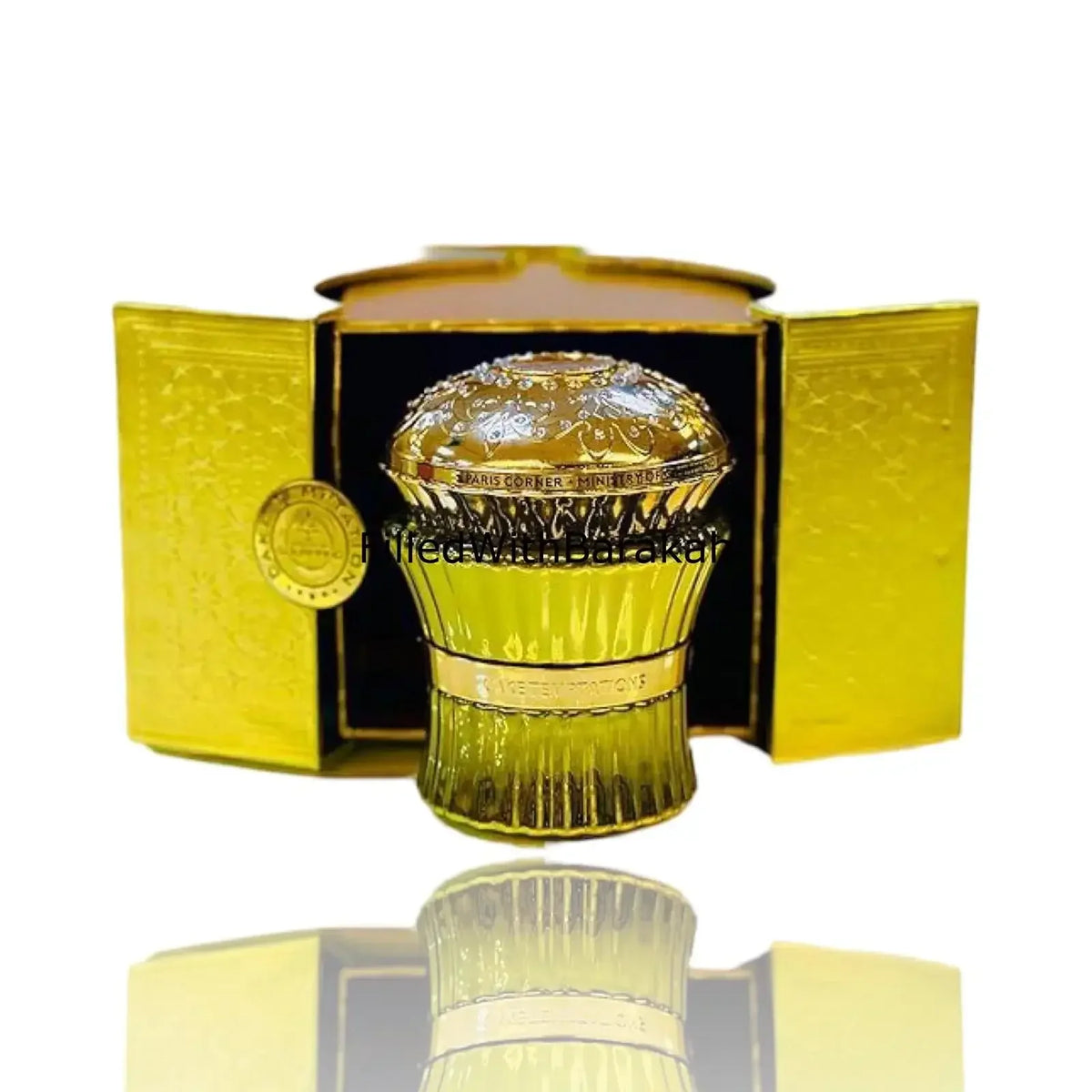 Luxuriöses Parfumflakon in Gold mit geöffneter Geschenkbox, edle Damen- und Herrendüfte