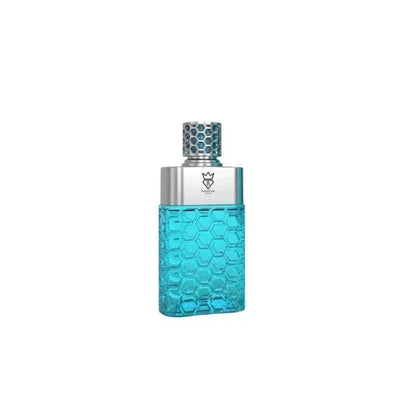 Blauer Luxusparfumflakon mit hexagonalem Muster und silbernem Verschluss