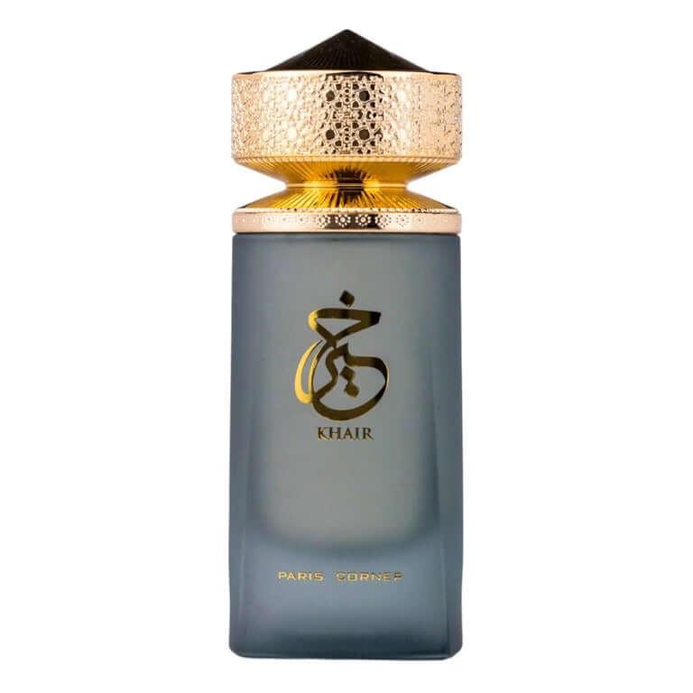 Luxuriöser Parfumflakon aus Glas mit goldener Verzierung und KHAIR-Logo, Unisex-Duft