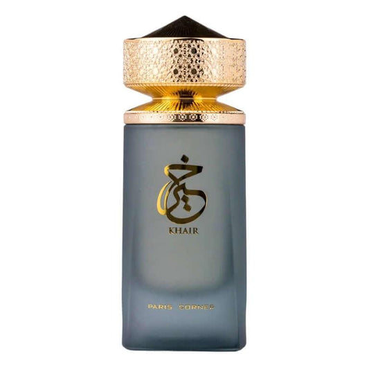 Luxuriöser Parfumflakon aus Glas mit goldener Verzierung und KHAIR-Logo, Unisex-Duft