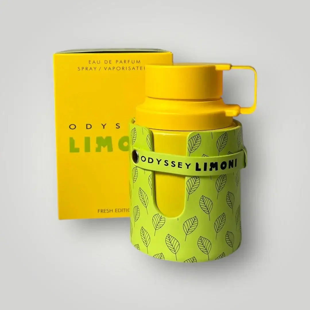 Gelb-grünes Eau de Parfum Odyssey Limoni, Flakon mit Blättermuster und passender Verpackung