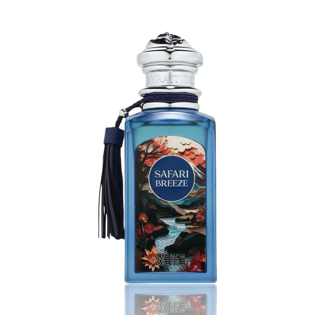 Blauer Luxusparfumflakon Safari Breeze mit illustrativem Landschaftsmotiv und Silberkappe