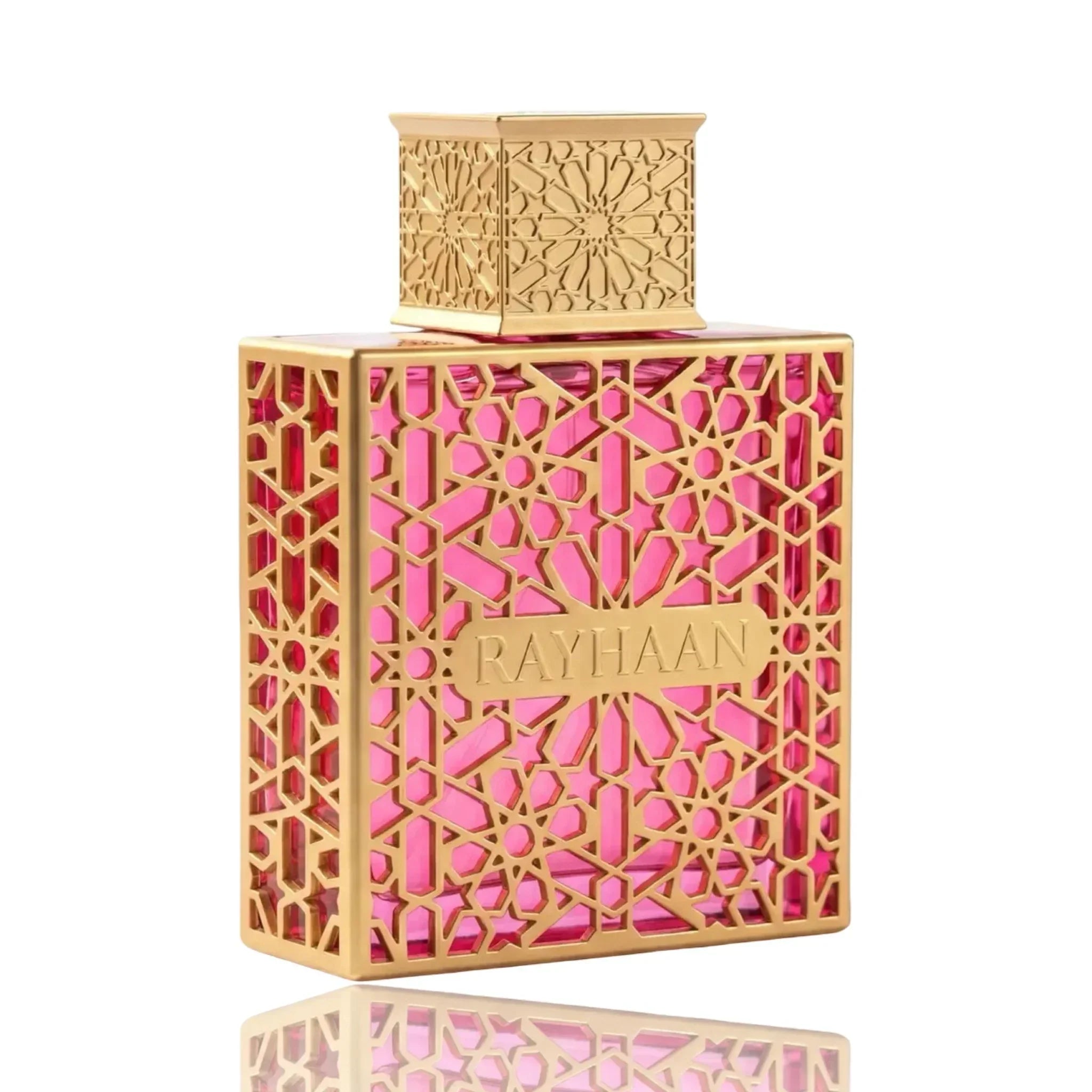 Luxus Parfumflakon Rayhaan mit goldenem Gitterdesign und pinkem Glas