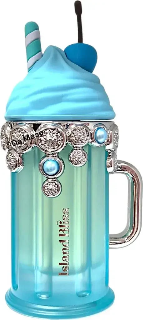 Luxusparfum Flakon in Form eines blauen Milchshakes mit Schmuckverzierung, stilvoller Duft