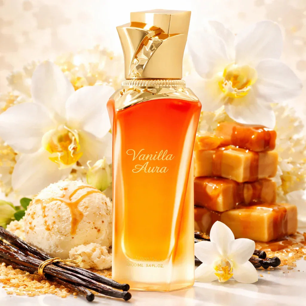 Exklusives Parfum Vanilla Aura mit goldener Kappe, umgeben von Vanilleschoten, Karamell und Orchideenblüten.