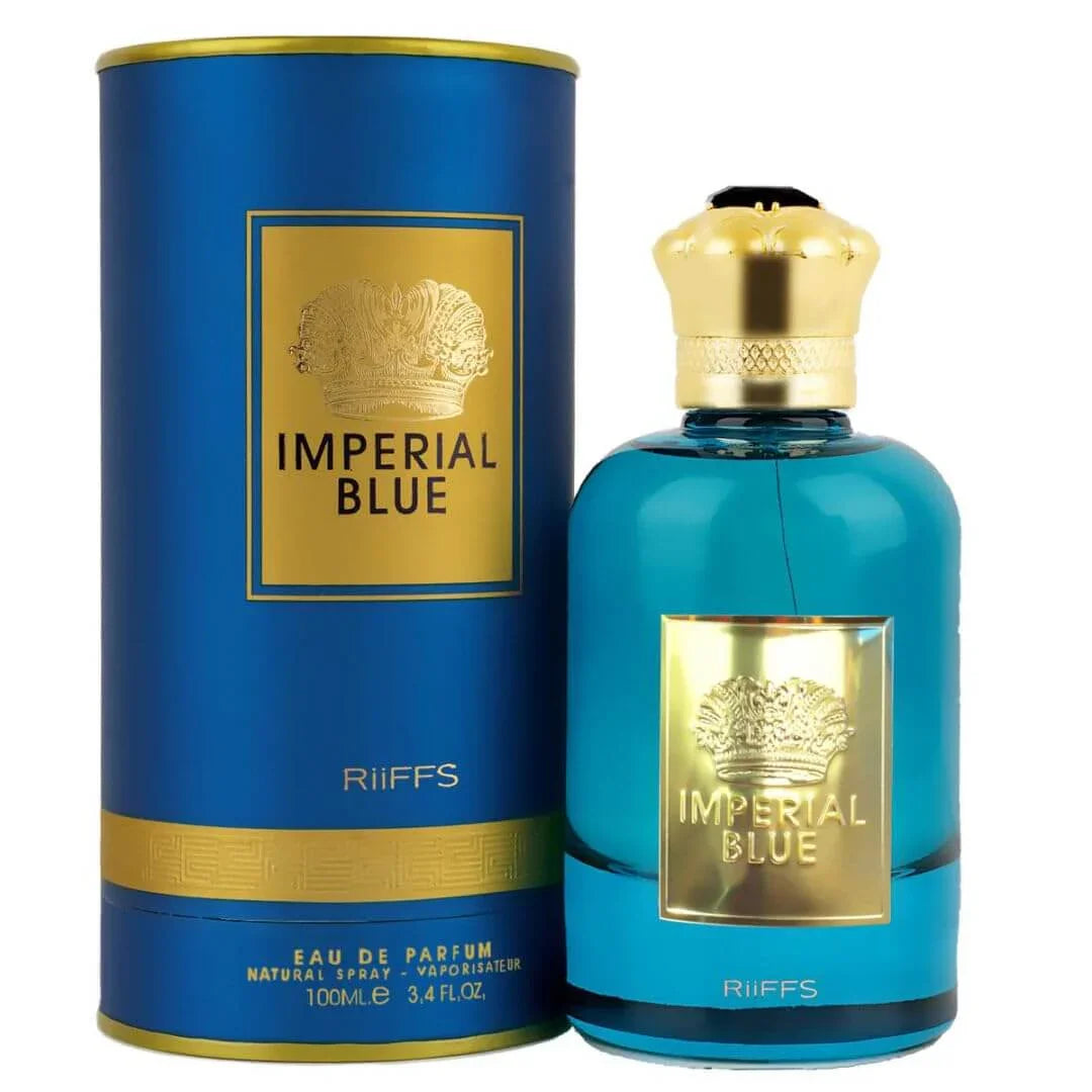 Blauer Luxus-Parfumflakon und Verpackung 'Imperial Blue' mit goldenen Akzenten, 100ml Eau de Parfum.