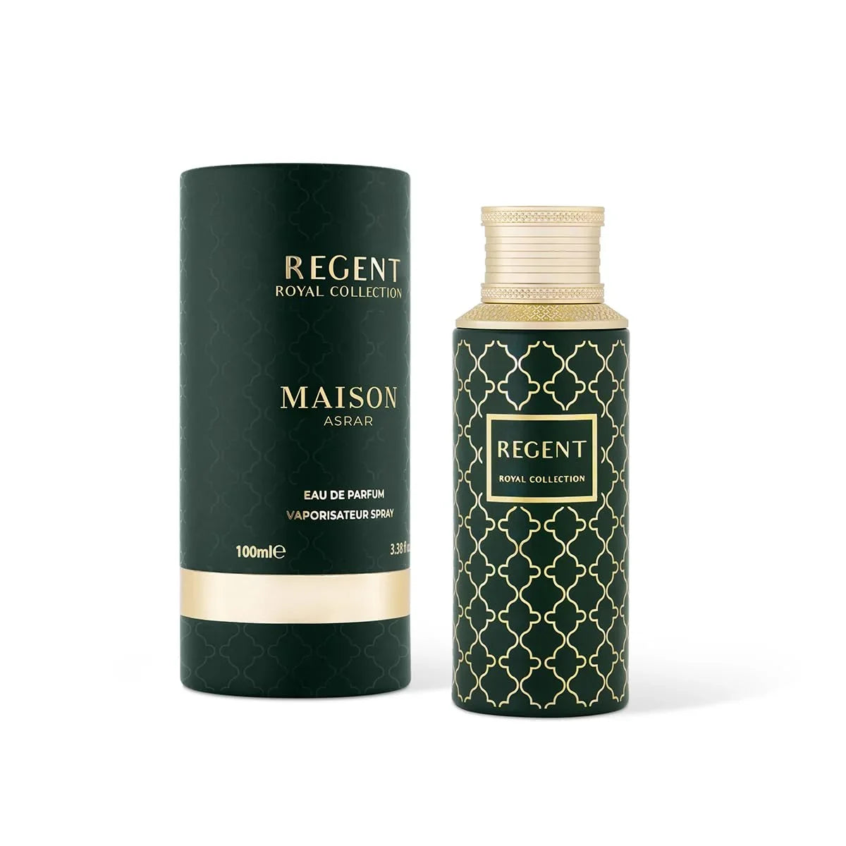 Maison Asrar Regent Eau de Parfum Flakon und Verpackung in Dunkelgrün mit goldenen Ornamenten