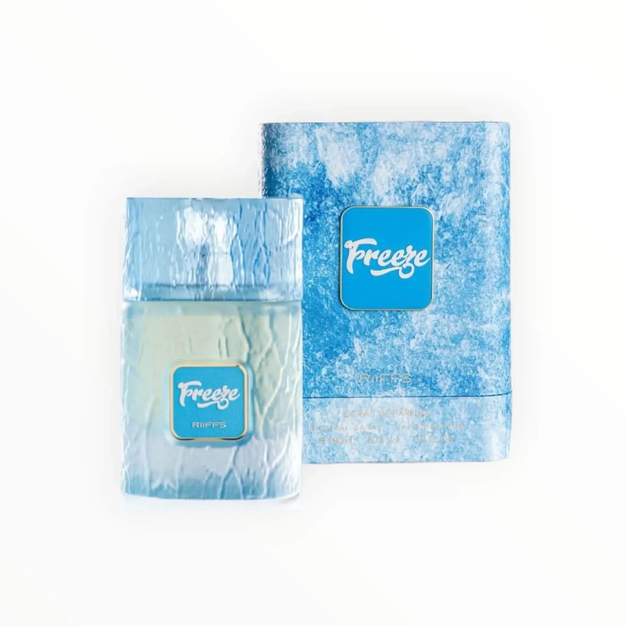 Freeze RIIFFS Parfümflakon und Verpackung mit eisigem Design, ideal für Herren und Unisex