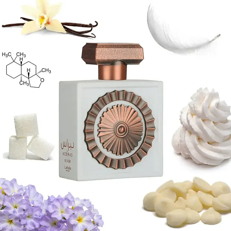 Luxusparfum-Flakon mit goldener Verzierung, umgeben von Vanille, Zuckerwürfeln, Veilchen und Sahne.