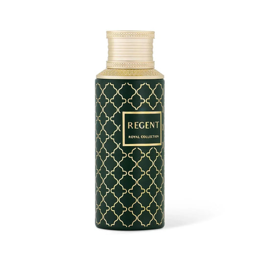 Maison Asrar Regent Eau de Parfum in dunkelgrünem Flakon mit goldenem Muster und Deckel