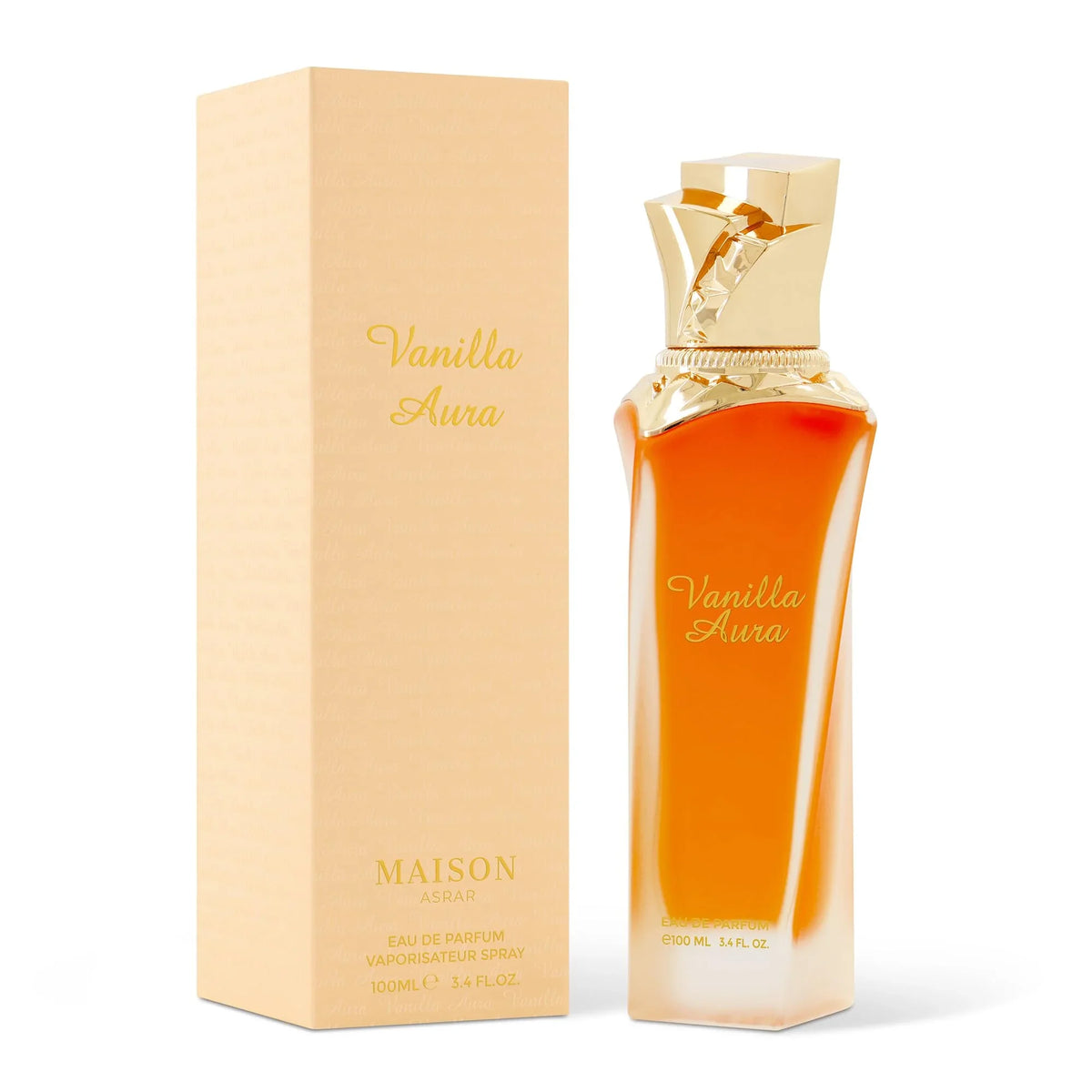 Luxuriöses Damenparfum Vanilla Aura in elegantem goldfarbenem Flakon mit passender Box