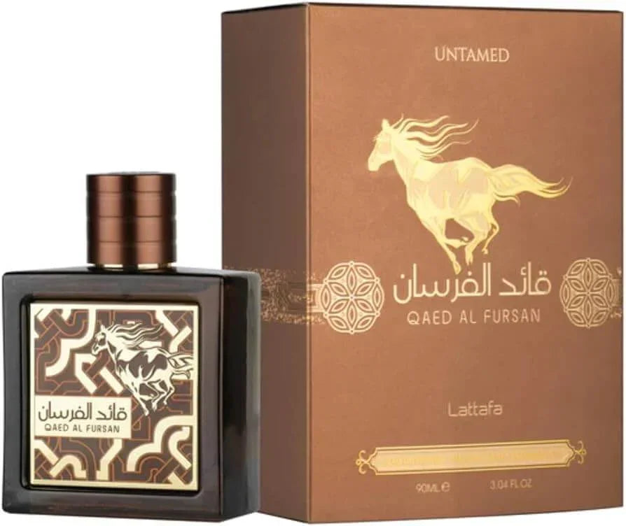Luxuriöses Parfum Qaed Al Fursan von Lattafa, brauner Flakon mit goldener Pferde-Motivbox