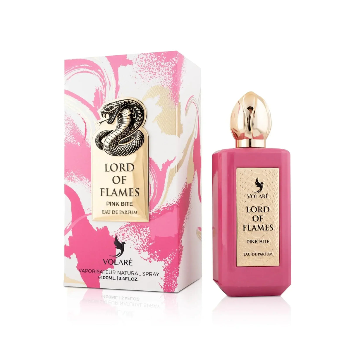 Luxusparfum Lord of Flames Pink Bite, pinke Flasche und Verpackung mit goldener Schlange, Eau de Parfum für Damen, Herren oder Unisex