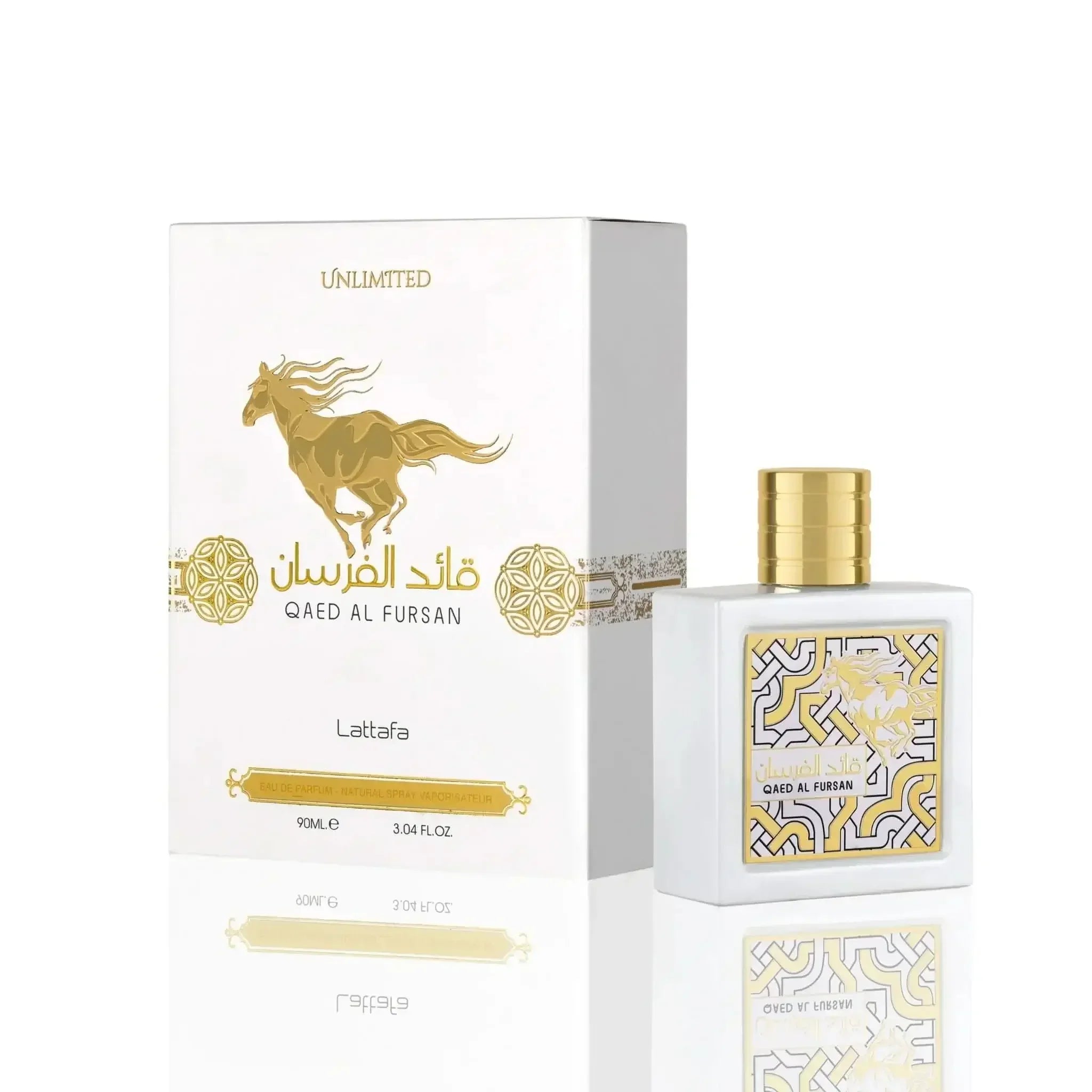 Luxusparfum Qaed Al Fursan von Lattafa, elegante weiße Flasche mit goldenen Akzenten