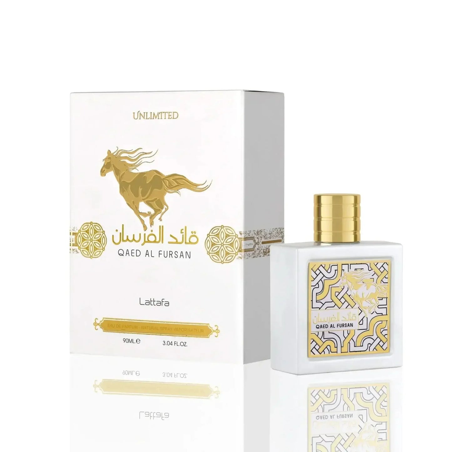 Luxusparfum Qaed Al Fursan von Lattafa, elegante weiße Flasche mit goldenen Akzenten