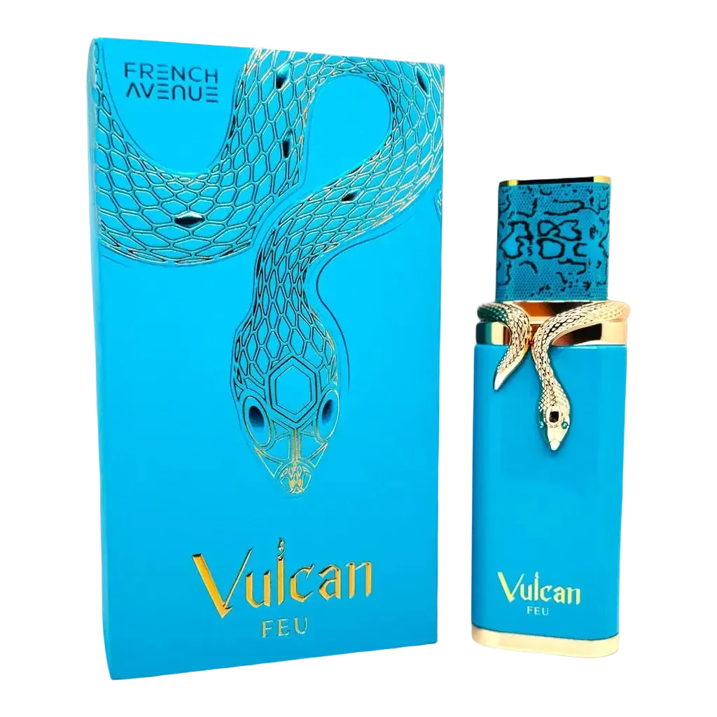 Luxusparfum Vulcan Feu in türkisblauer Verpackung mit goldener Schlange, exklusives Design