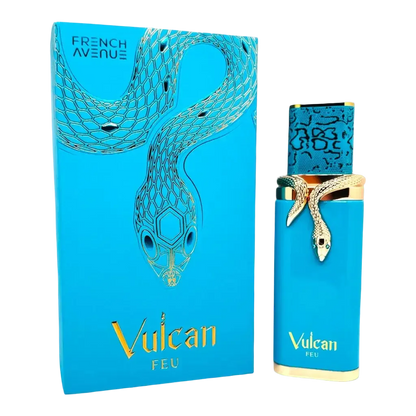 Luxusparfum Vulcan Feu in türkisblauer Verpackung mit goldener Schlange, exklusives Design