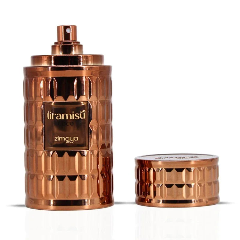 Luxuriöses Parfumflakon in Bronzeoptik mit Aufschrift 'tiramisu coco', abgenommener Deckel