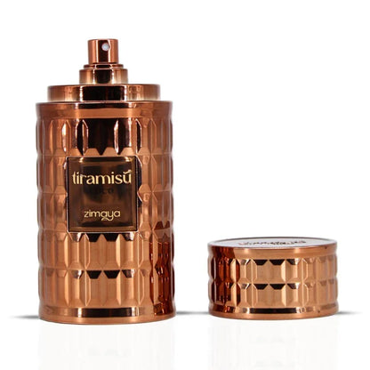 Luxuriöses Parfumflakon in Bronzeoptik mit Aufschrift 'tiramisu coco', abgenommener Deckel