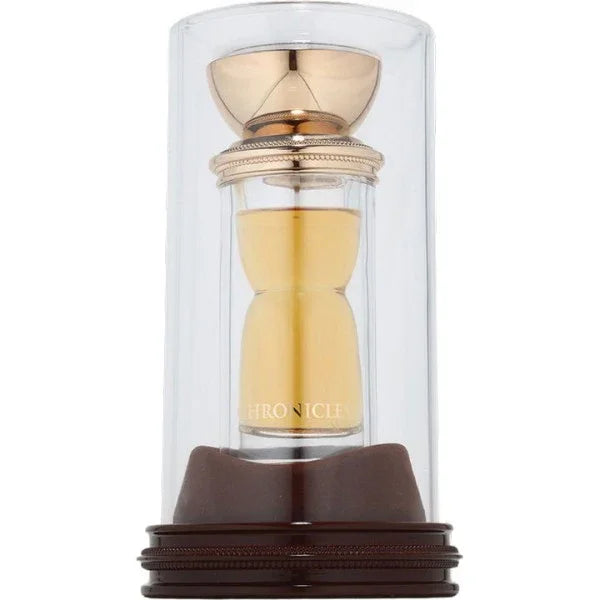 Luxusparfum Flakon in Sanduhrform mit goldfarbenem Verschluss in glasklarem Display