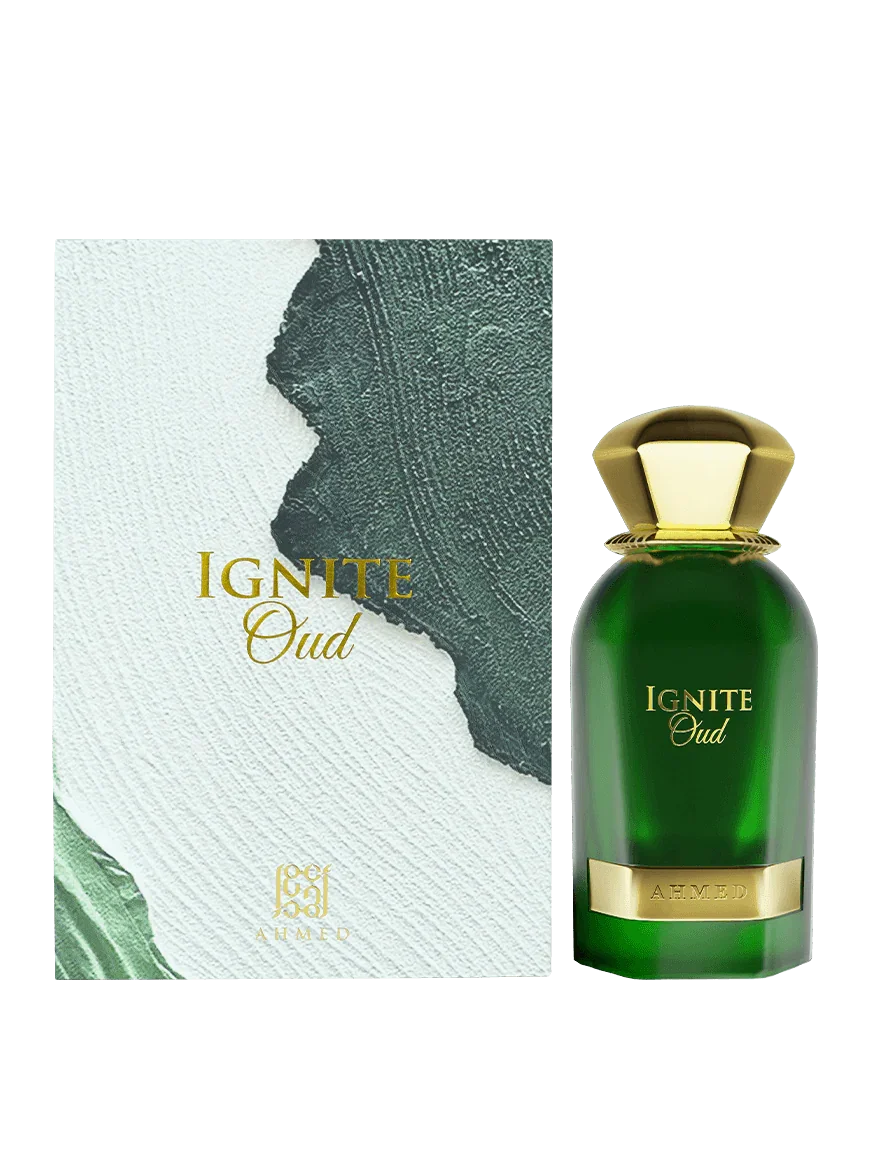 Luxusparfum Ignite Oud in grüner Flasche mit goldener Kappe und passender Verpackung