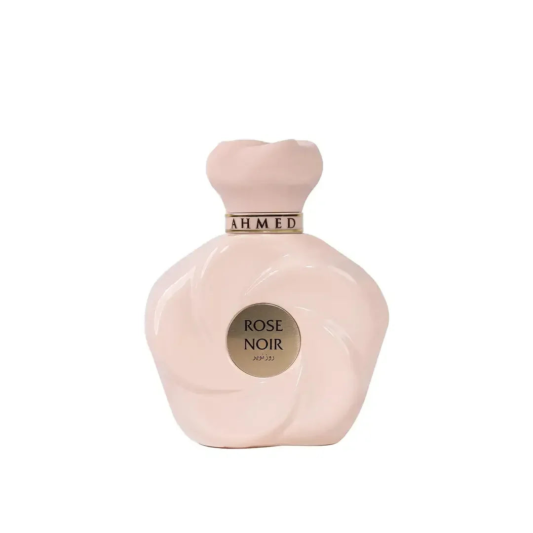 Luxuriöses Parfumflakon in Rosa mit goldener Aufschrift Rose Noir, elegantes Design