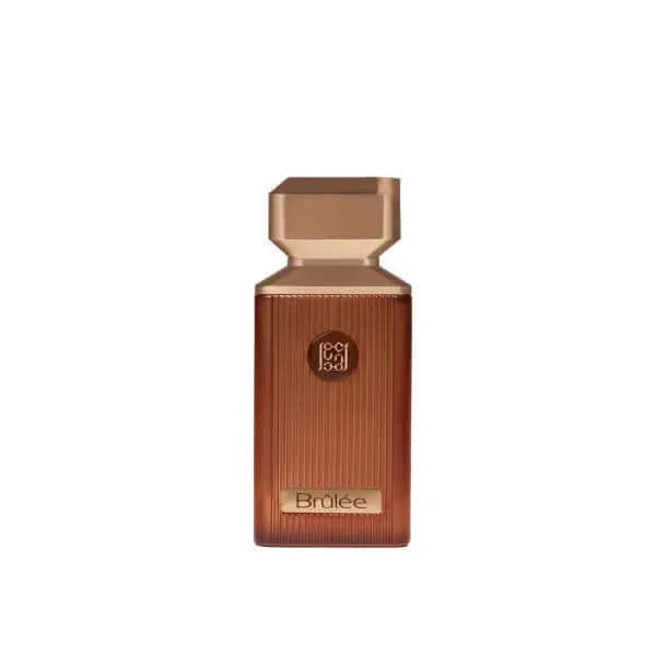 Luxuriöser Parfumflakon in Bronze mit rechteckigem Design und Beschriftung Brûlée