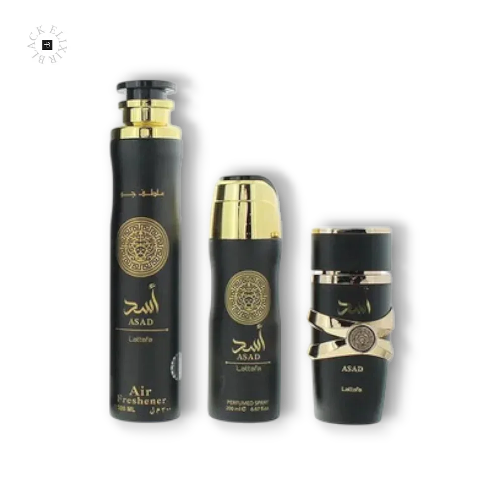 Drei schwarze und goldene Parfümflakons und Sprays für Damen und Herren vor schwarzem Hintergrund