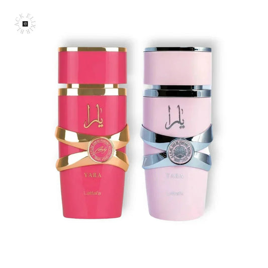 Zwei elegante Parfümflakons in Pink und Rosa mit goldenen und silbernen Akzenten, YARA Lattafa Duft.